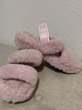 UGG Pink Plush Shearling Slide Sandals with Branded Heel Strap 8